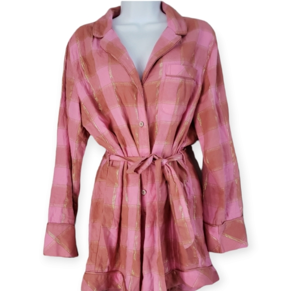Victoria's Secret Other - NWOT Victoria Secret pink gold plaid belted romper pajamas Womens Medium